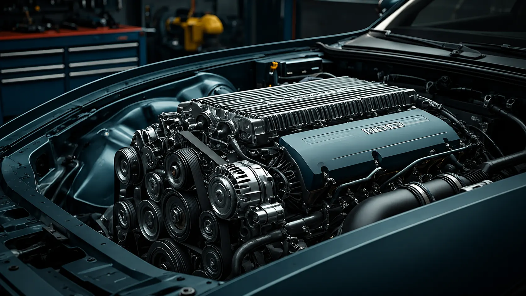 High-performance car engine with dramatic lighting